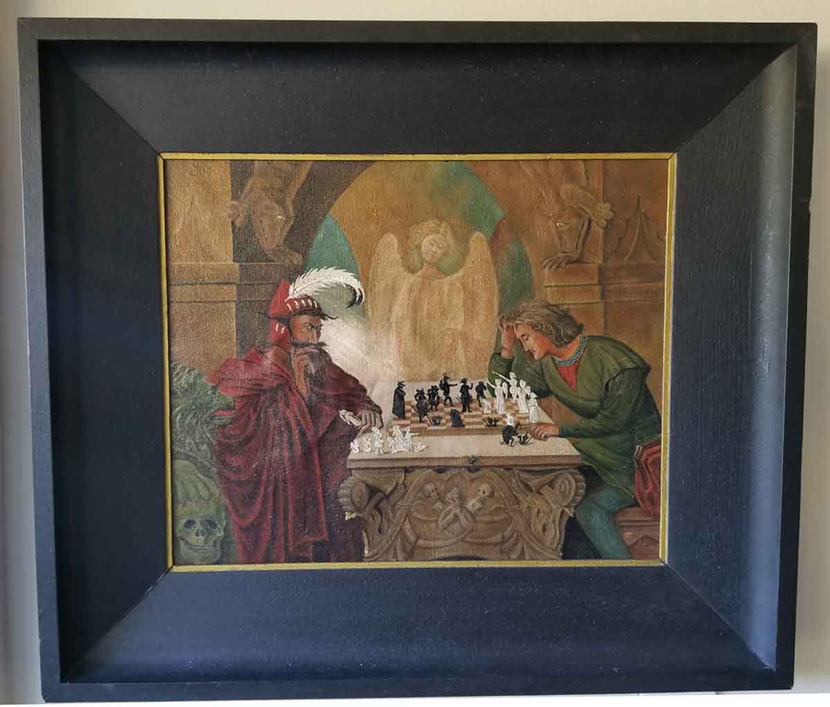 Painting of devil playing chess