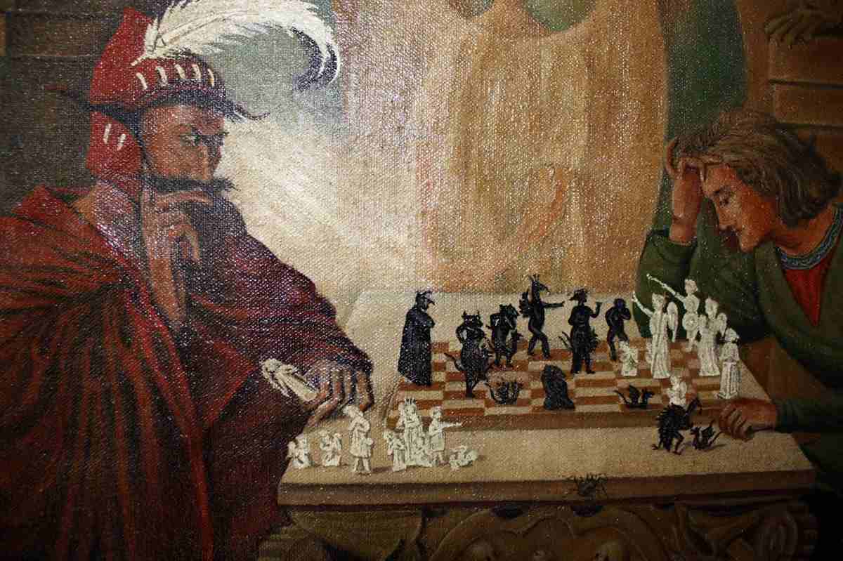 Painting of devil playing chess