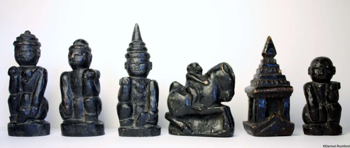 Rare Antique Carved Wood Burmese Chess Set