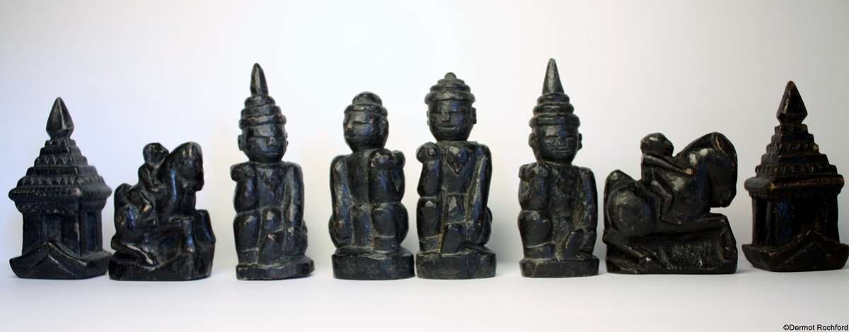 Rare Antique Carved Wood Burmese Chess Set