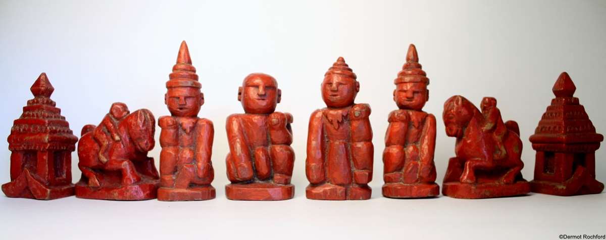 Rare Antique Carved Wood Burmese Chess Set