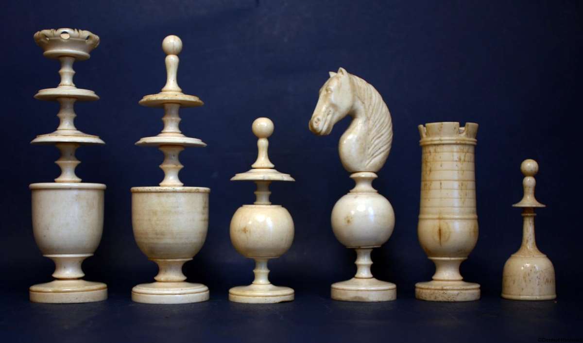 LARGE SIZE Antique French REGENCE PATTERN Turned wood wooden CHESS PIECES,  Set