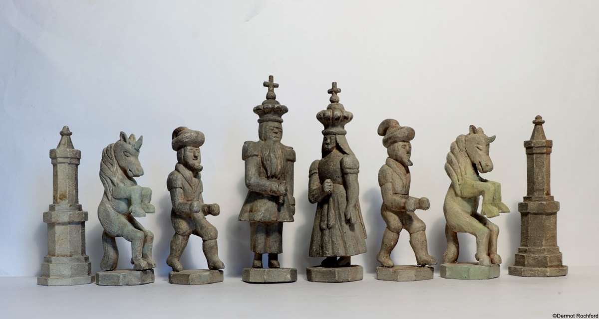 1900 European Carved Wooden Figural Chess Set