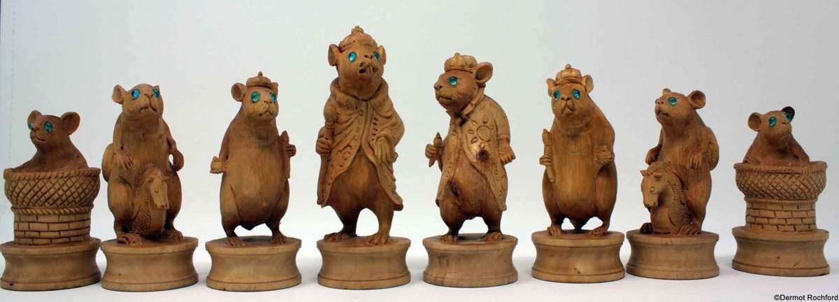 Finely Carved Wood Mouse Chess Set