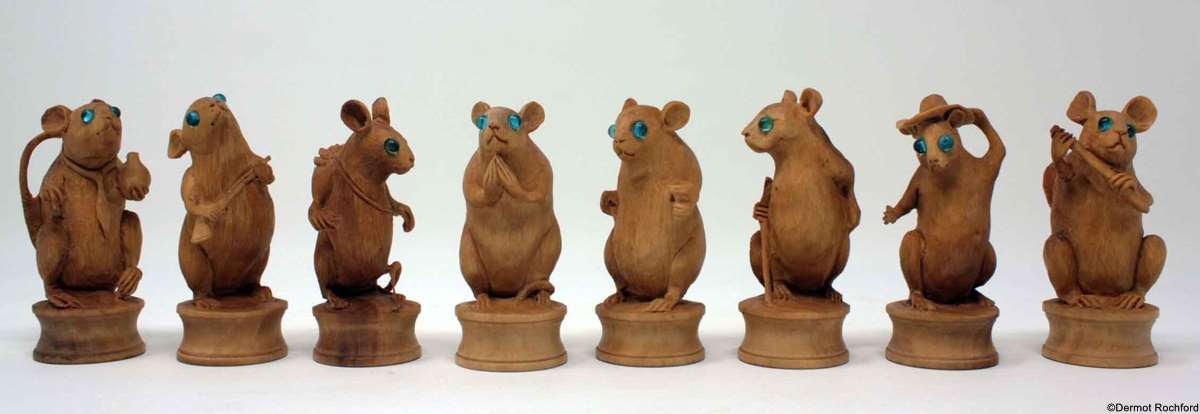 Finely Carved Wood Mouse Chess Set