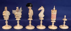 Charming Vaugeois Polychromed carved bone Geislingen Chess Set